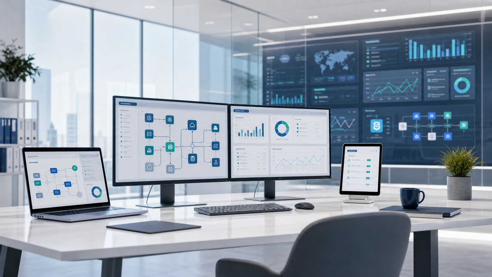 Modern operations workspace with connected workflow dashboards and reporting screens